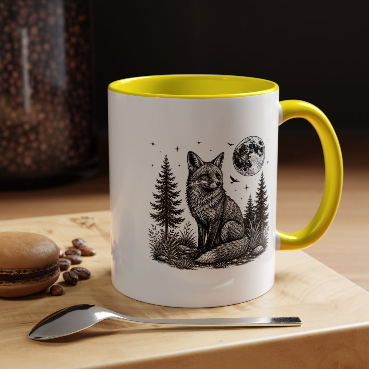Fox Moon Mug, Black and White Woodland Coffee Cup, Celestial Forest Animal Gift for Fox Lover, Rustic Cabin Decor, Nature Birthday Present