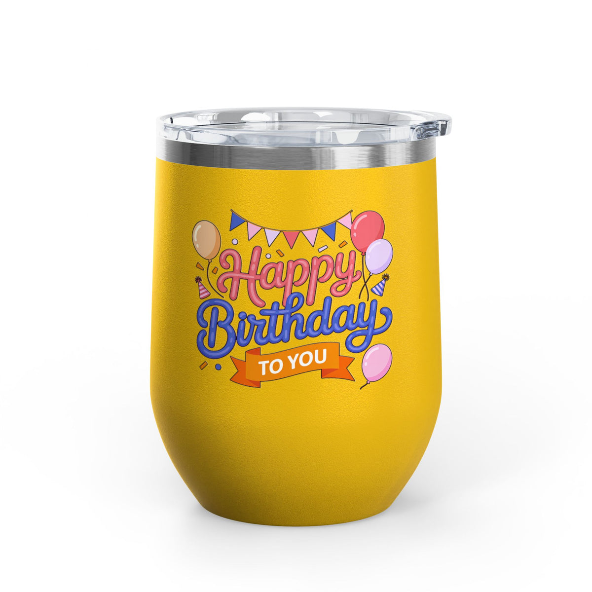 Happy Birthday to You Wine Tumbler, Pink and Blue Balloons with Party Bunting, Colorful Drinkware Gift for a Sister or Best Friend's Party