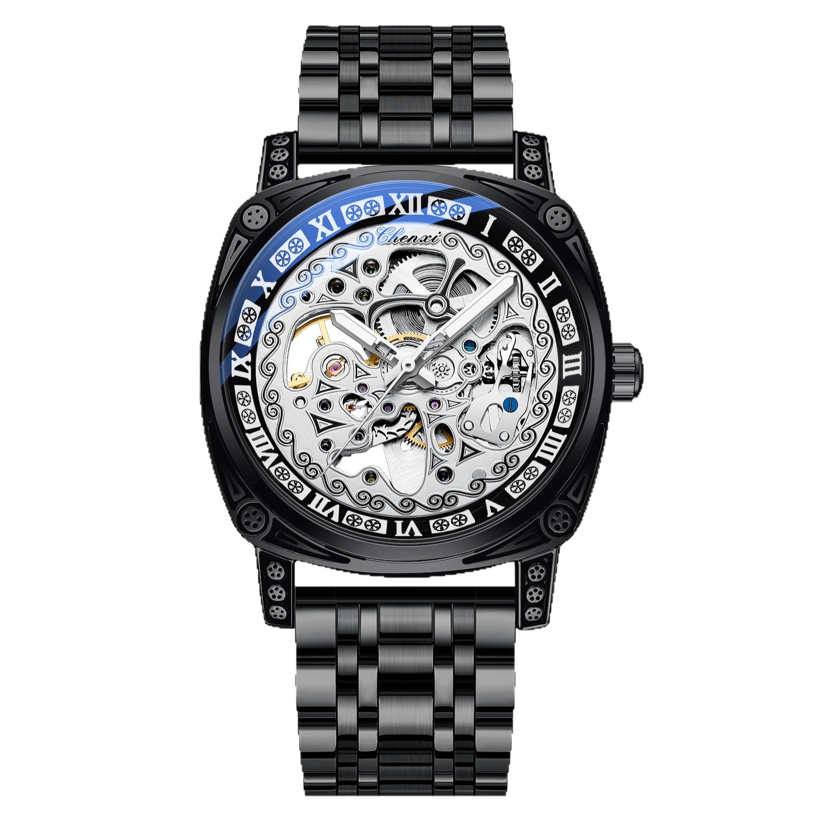 Black skeleton mechanical watch with blue Roman numeral bezel and stainless steel bracelet