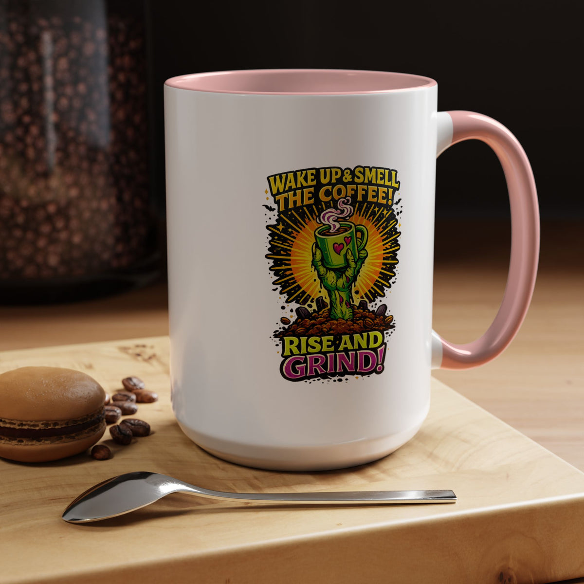 Zombie Coffee Mug, Wake Up and Smell the Coffee Black Accent Cup, Unique Funny Rise and Grind Gift for Horror Fan, Barista or Coworker