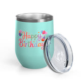 Happy Birthday Wine Tumbler, Pastel Balloons and Cupcake Design, Colorful Drinkware Gift for a Best Friend, Sister or Coworker Celebration