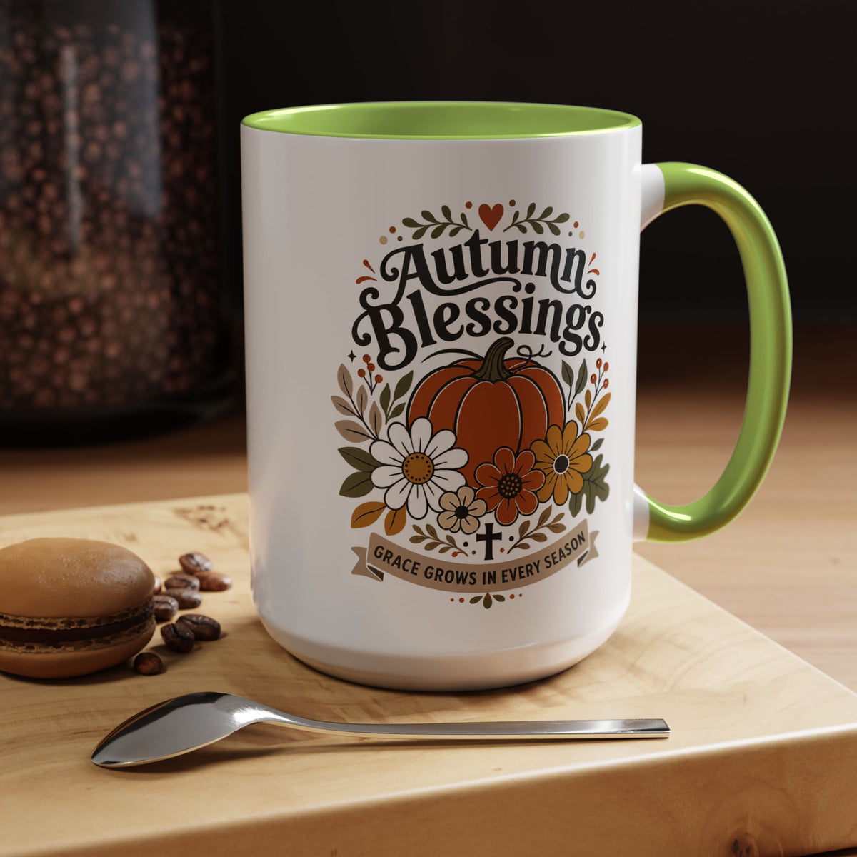 Autumn Blessings Christian Mug, Grace Grows in Every Season Coffee Cup, Faith Based Fall Gift, Floral Pumpkin Thanksgiving Decor