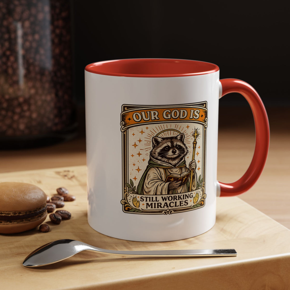 Our God Is Still Working Miracles Coffee Mug, Funny Raccoon Christian Gift for Friends, Cute Religious Parody Trash Panda Ceramic Tea Cup with Black Handle