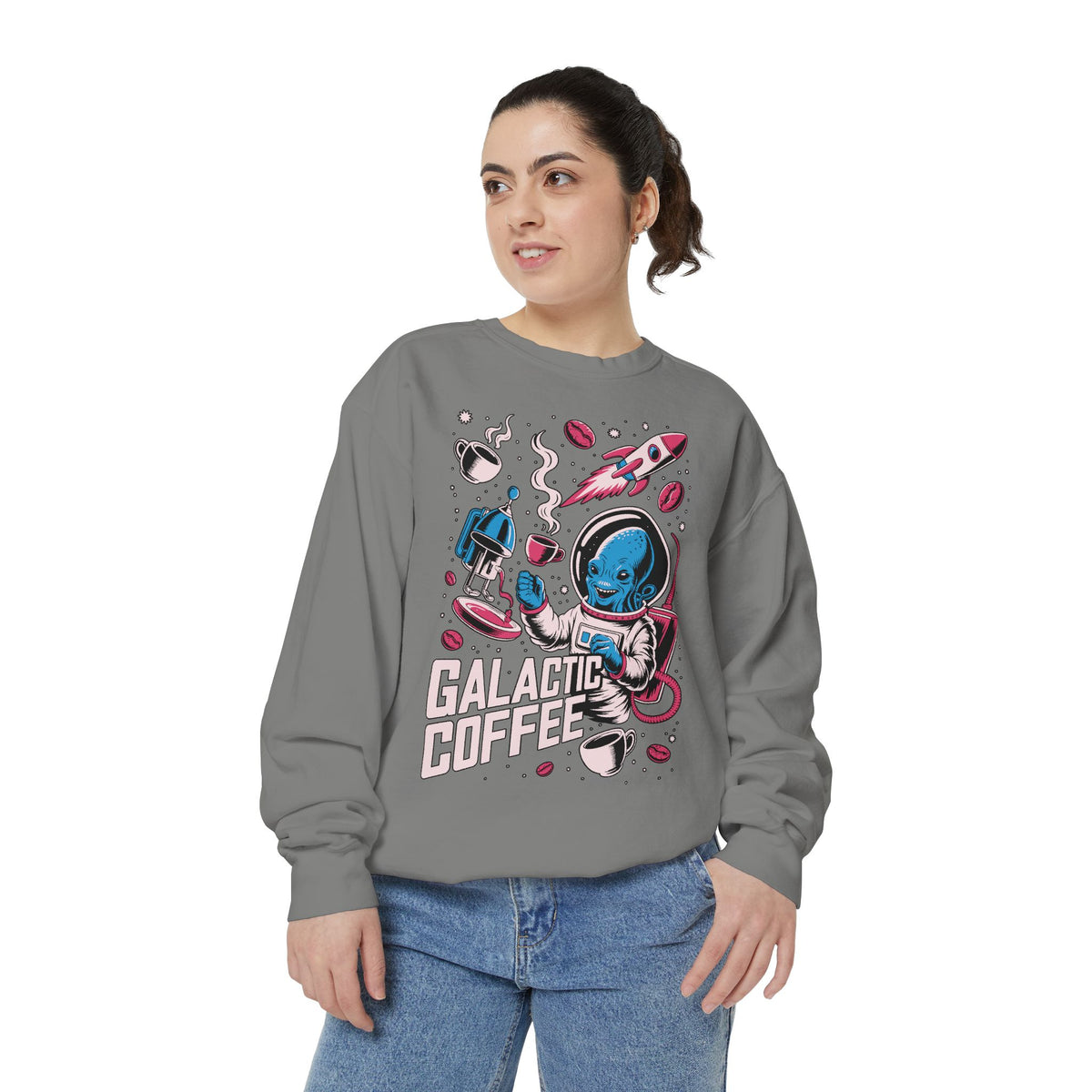 Galactic Coffee Comfort Colors Sweatshirt, Funny Alien Coffee Lover Shirt, Space Nerd Sweatshirt, Sci Fi Gift for Coffee Fans