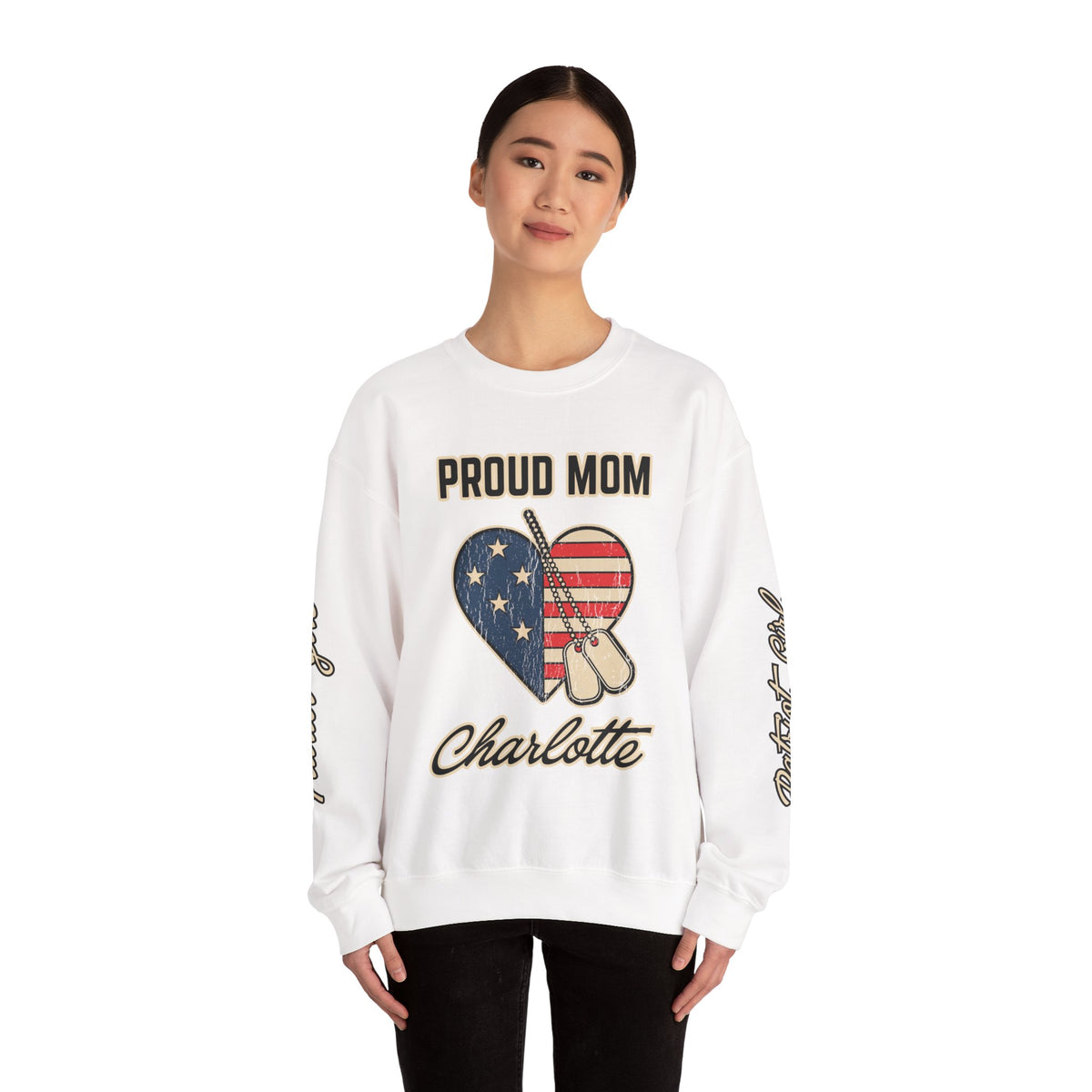 Personalized Proud Mom Sweatshirt, Custom Military Mom Pullover, American Flag Heart Crewneck, Military Mom Gift, Patriotic Mother Shirt