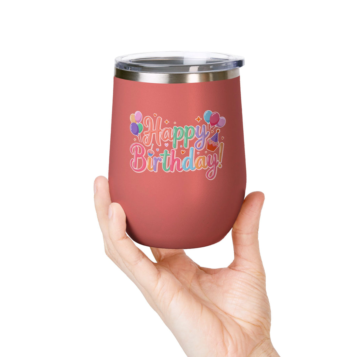 Happy Birthday Wine Tumbler, Pastel Balloons and Cupcake Design, Colorful Drinkware Gift for a Best Friend, Sister or Coworker Celebration
