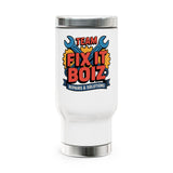 Mechanic Travel Mug with Handle, Team Fix It Boiz Wrench and Gear Design, Workshop Coffee Gift for a Handyman, Dad or Repair Crew Coworker