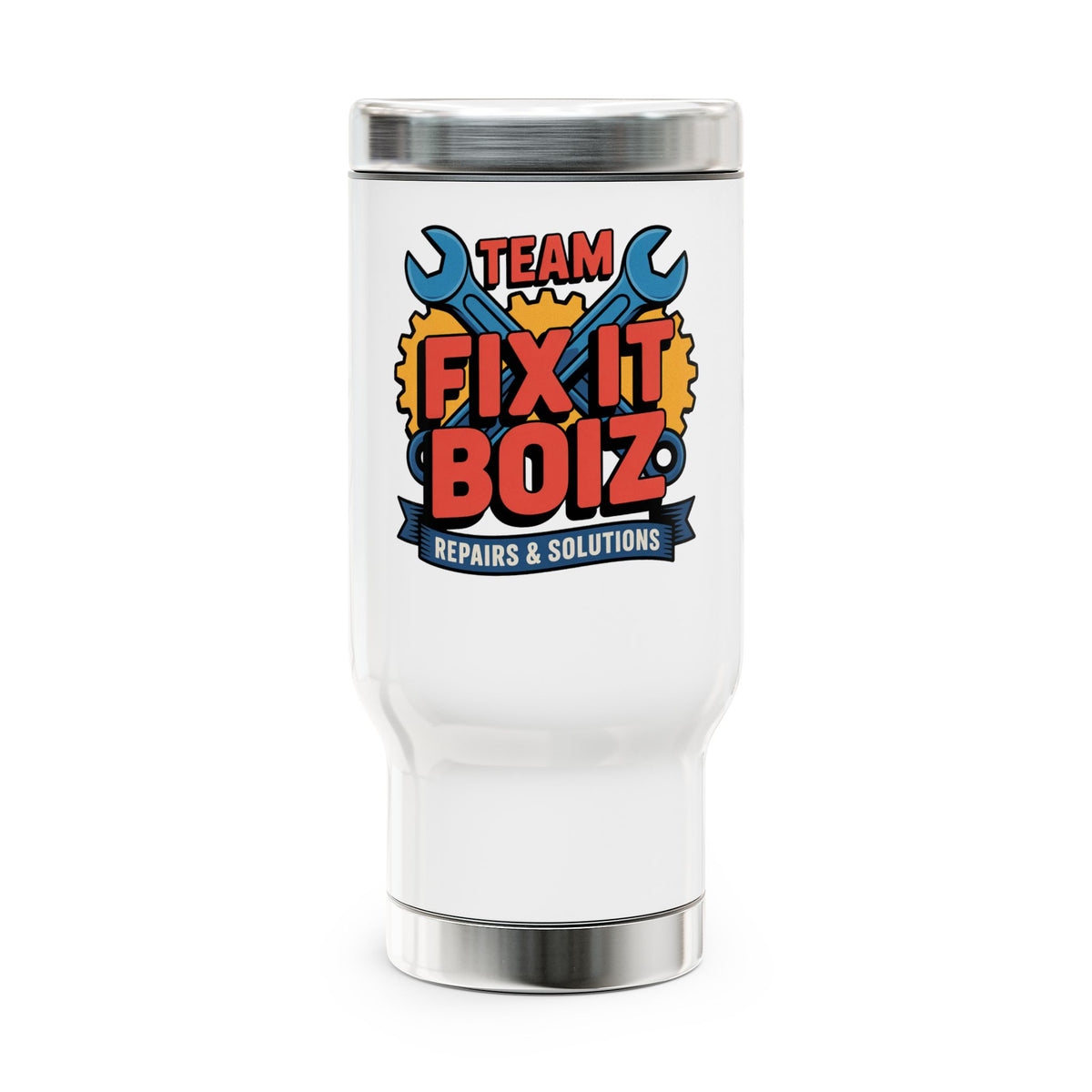 Mechanic Travel Mug with Handle, Team Fix It Boiz Wrench and Gear Design, Workshop Coffee Gift for a Handyman, Dad or Repair Crew Coworker