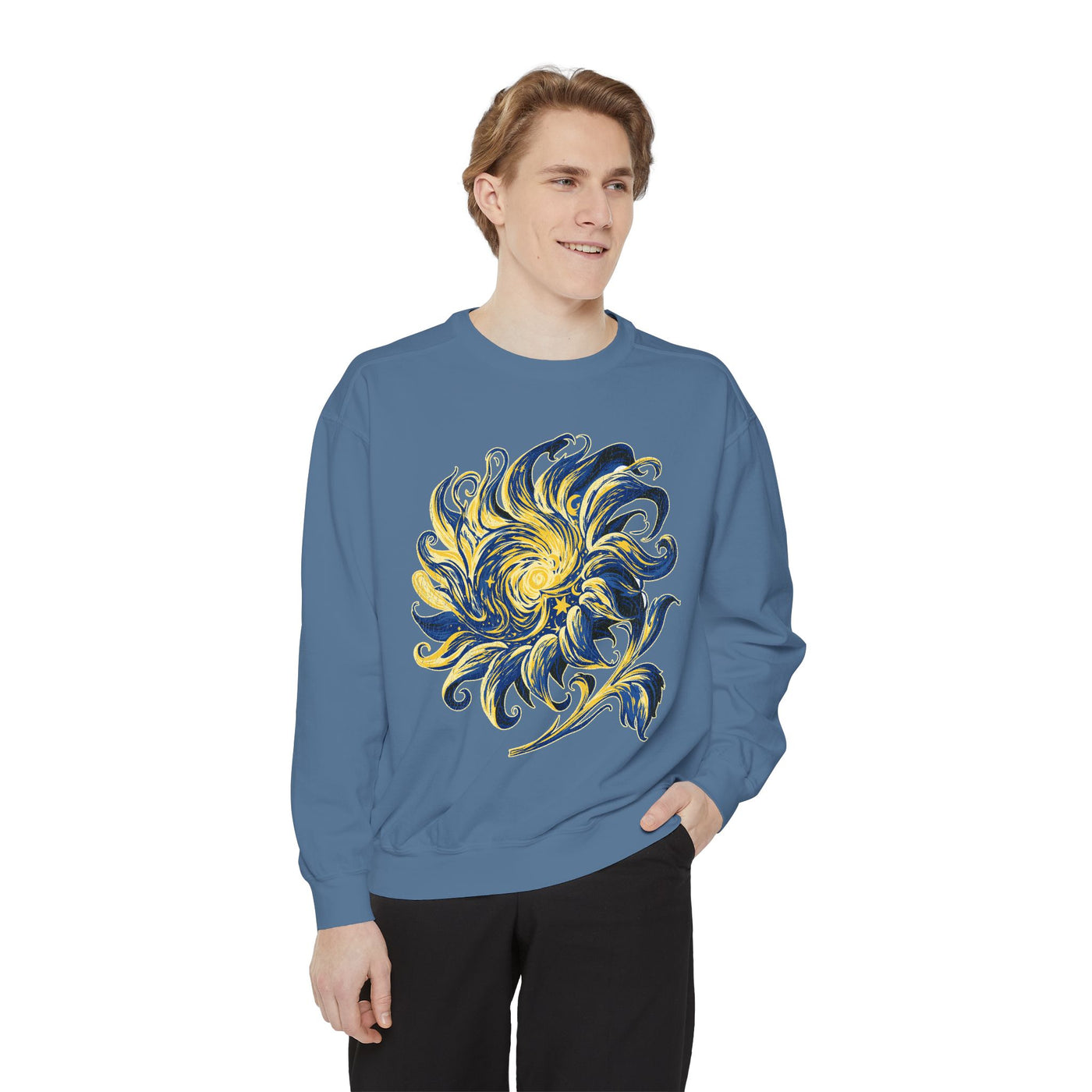 Celestial Sun Graphic Sweatshirt, Blue and Gold Cosmic Pullover, Mystical Night Sky Top, Astrology Gift for Stargazers and Dreamers