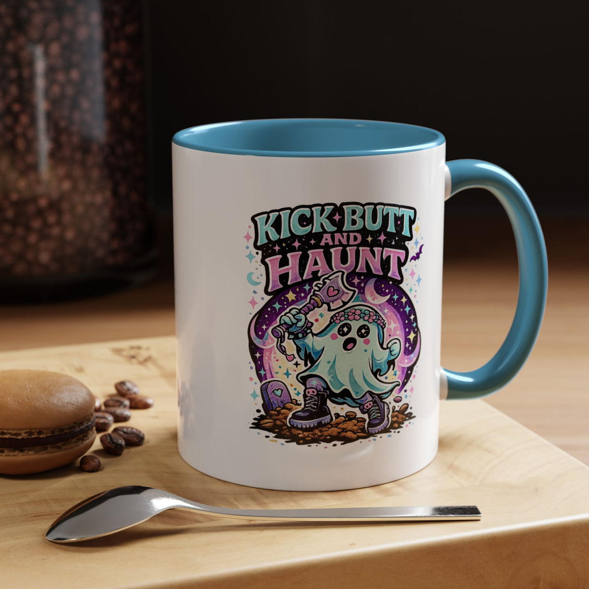 Kick Butt and Haunt Mug, Cute Pastel Ghost Black Accent Coffee Cup, Unique Funny Halloween Gift for Her, Spooky Bestie or Pastel Goth