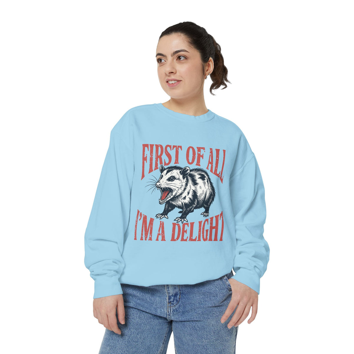 Funny Possum Sweatshirt, First of All I'm a Delight Crewneck, Sarcastic Animal Lover Gift, Vintage Opossum Graphic Cozy Pullover Top