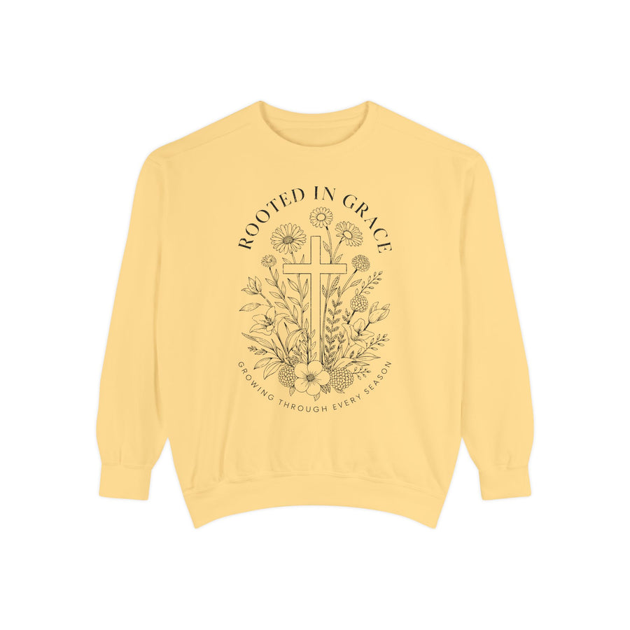 Rooted in Grace Comfort Colors Sweatshirt, Christian Floral Cross Sweatshirt, Faith Based Gift for Women, Inspirational Crewneck
