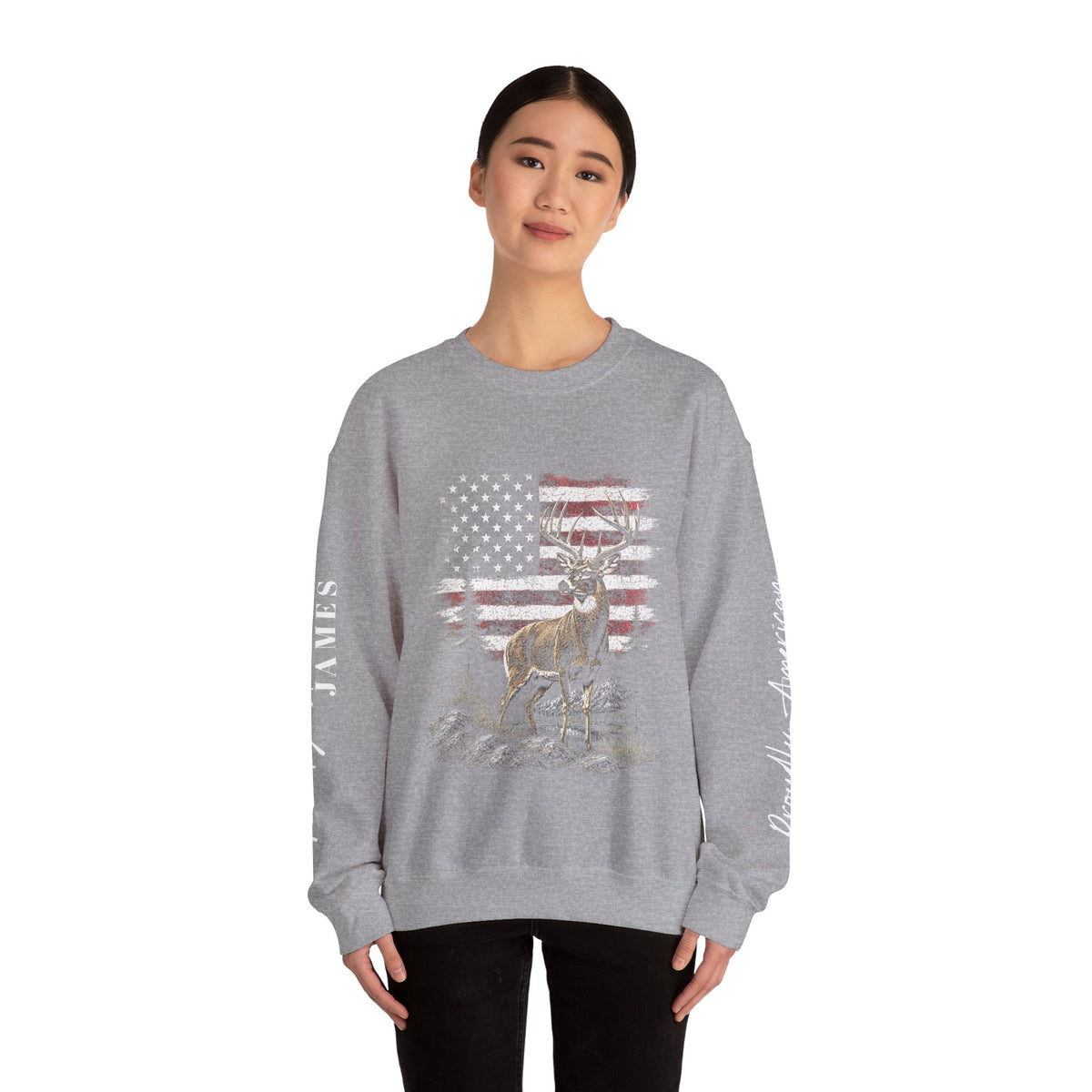 Personalized Hunting Sweatshirt, Custom Deer American Flag Pullover, Patriotic Outdoorsman Crewneck, Hunter Gift, Personalized Family Shirt