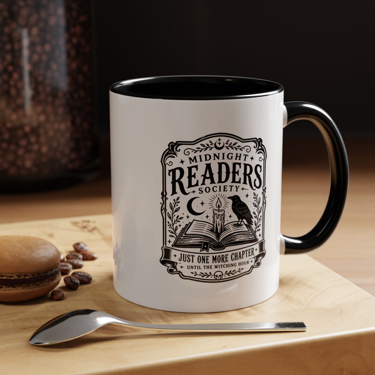 Midnight Readers Society Mug, Gothic Raven Book Black Accent Coffee Cup, Dark Academia Gift for Book Lover, Librarian or Night Reader