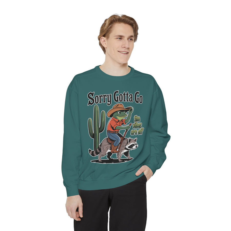 Funny Frog Cowboy Comfort Sweatshirt, Sorry Gotta Go The Vibes Are Off Crewneck, Raccoon Western Meme Comfort Sweatshirt