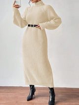 Fashionable Knit Dress for Women, Long Sleeve, High Neck, Crewneck, Solid Color, Long Length, Inner Layer Dress
