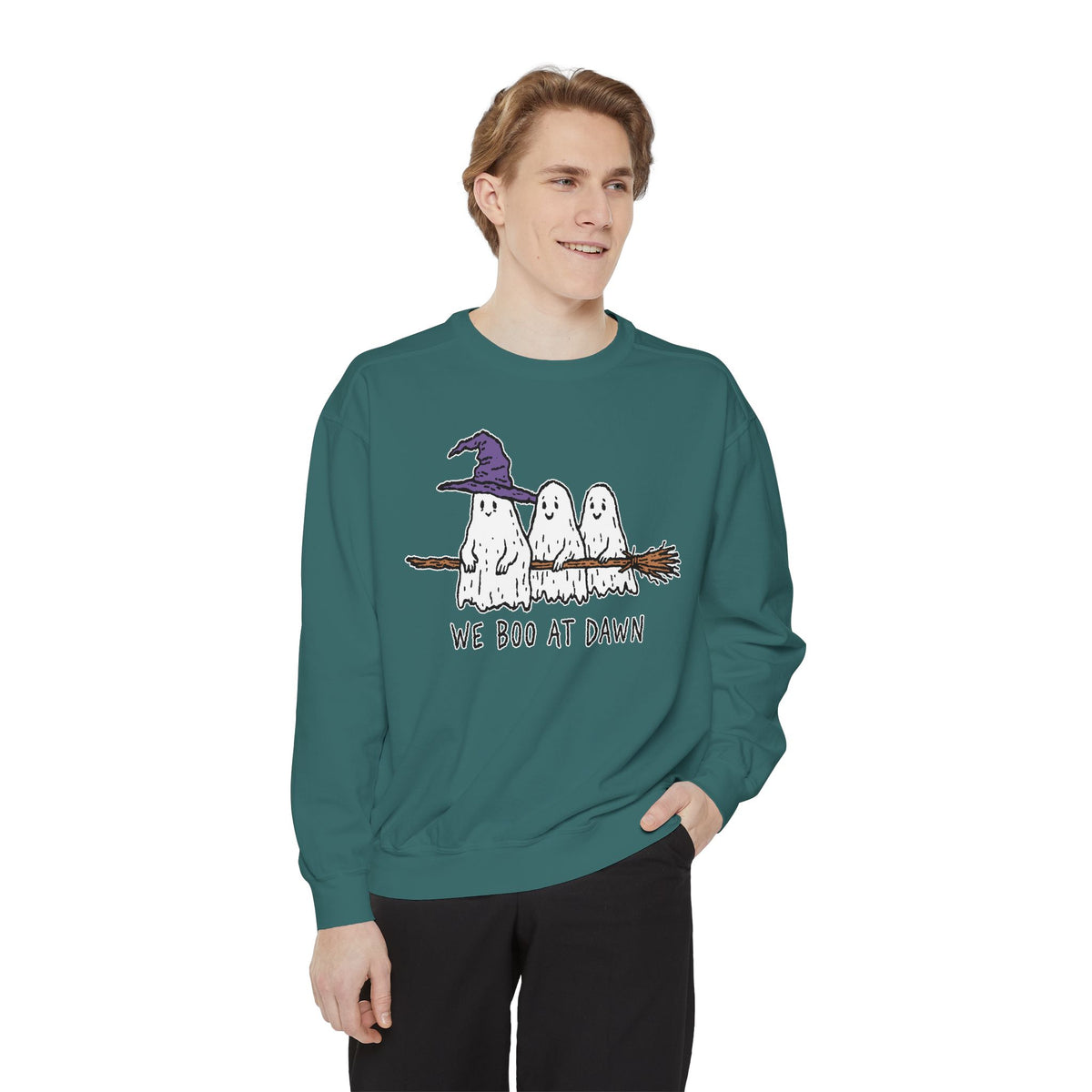 We Boo at Dawn Ghost Sweatshirt, Funny Halloween Witch Broom Pullover, Cute Spooky Season Gift for Friends and Ghost Lovers, October Outfit