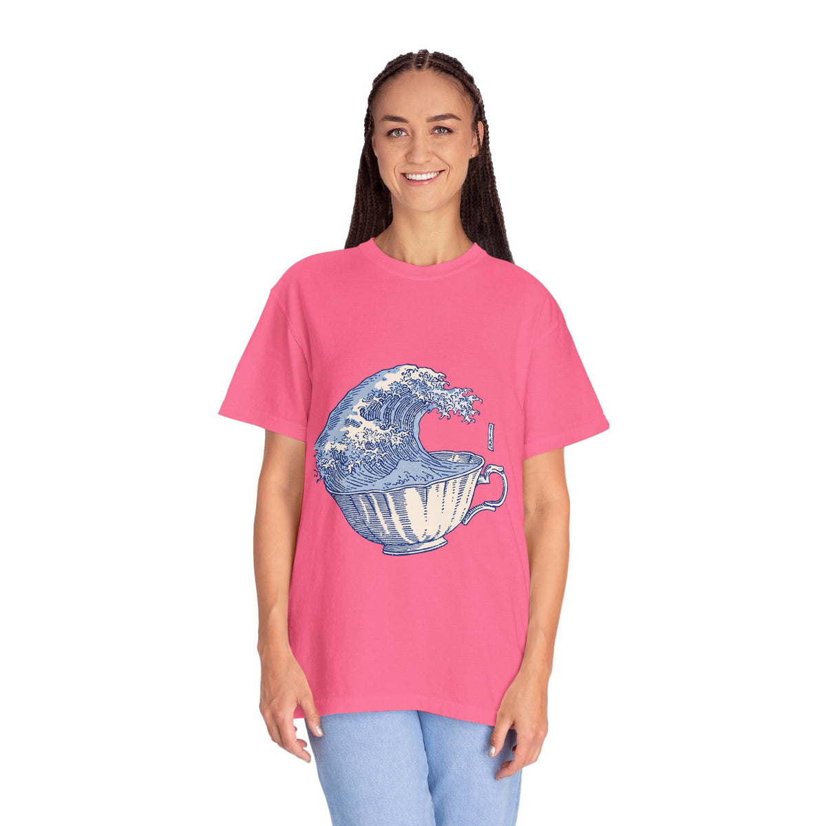 Great Wave Teacup Shirt, Japanese Art Inspired Ocean Graphic, Gift for Tea Lovers and Coastal Art Fans, Casual Cafe Weekend Outfit