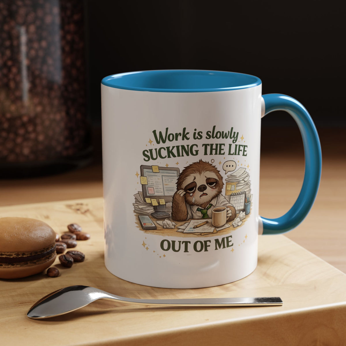 Work Is Slowly Sucking The Life Out Of Me Coffee Mug, Funny Sloth Office Joke Gift for Coworkers, Sarcastic Ceramic Tea Cup with Black Handle