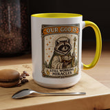Our God Is Still Working Miracles Coffee Mug, Funny Raccoon Christian Gift for Friends, Cute Religious Parody Trash Panda Ceramic Tea Cup with Black Handle