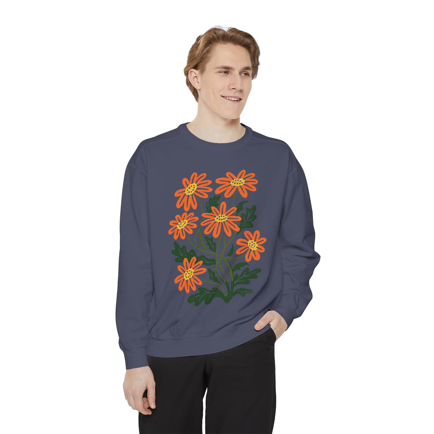 Orange Daisy Graphic Sweatshirt, Retro Floral Pullover for Flower Lovers, Groovy Botanical Top, Cheerful Garden Gift for Women
