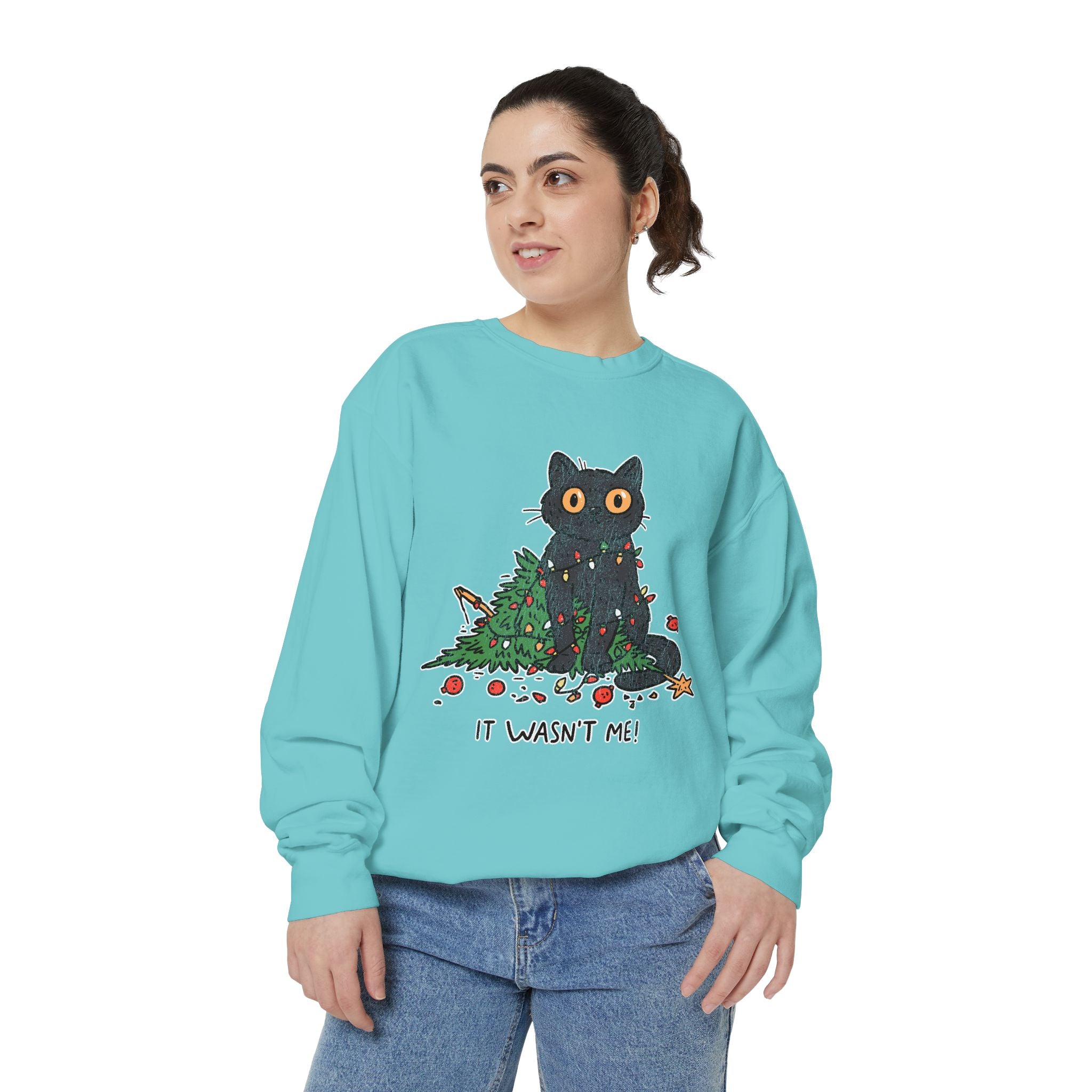 It Wasn't Me Black Cat Christmas Sweatshirt, Funny Holiday Crewneck, Mischievous Kitty Lights Pullover, Gift for Cat Mom or Cat Dad