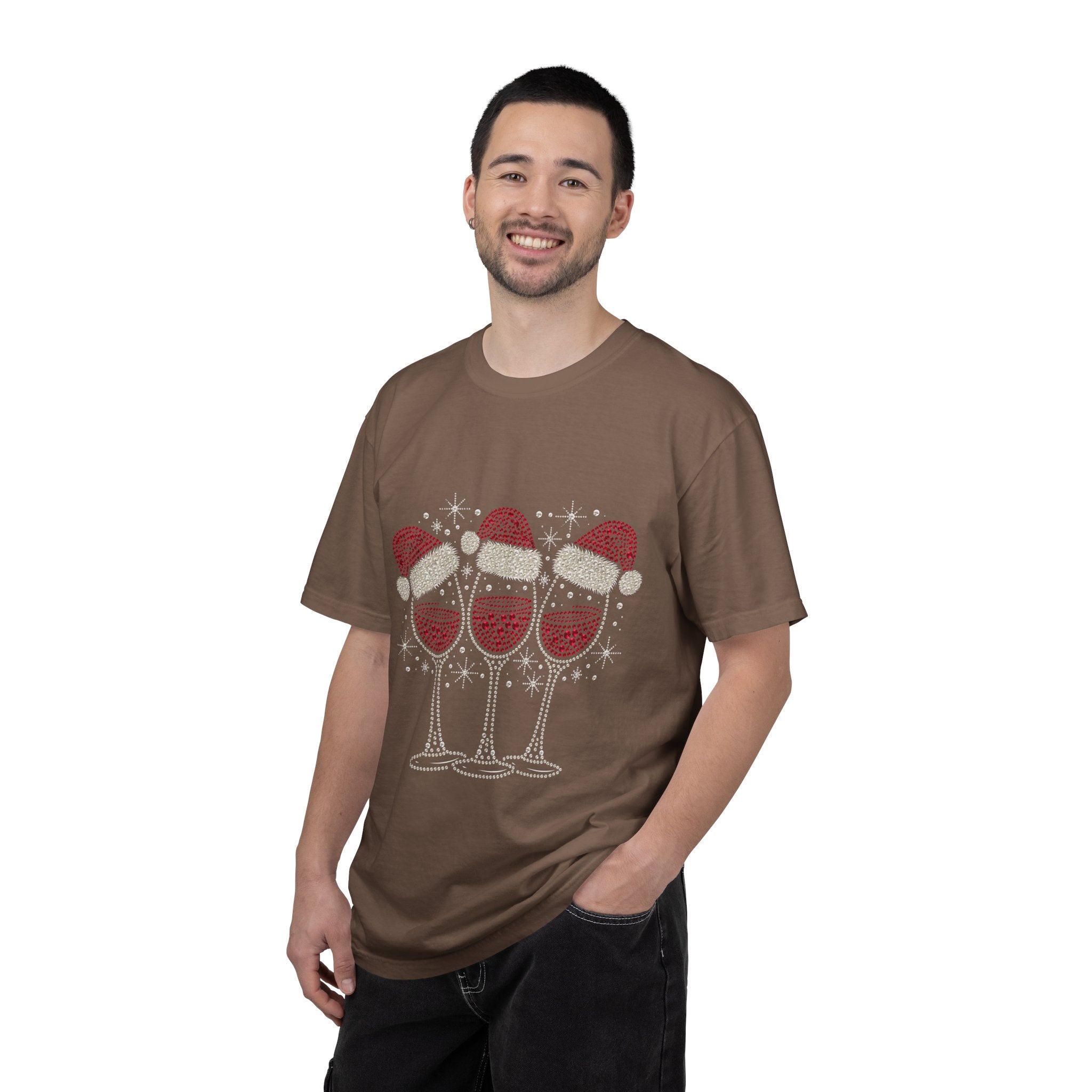Christmas Wine Glass Shirt, Rhinestone Style Santa Hat T-Shirt, Sparkly Holiday Party Tee, Gift for Wine Lover or Girls Christmas Night