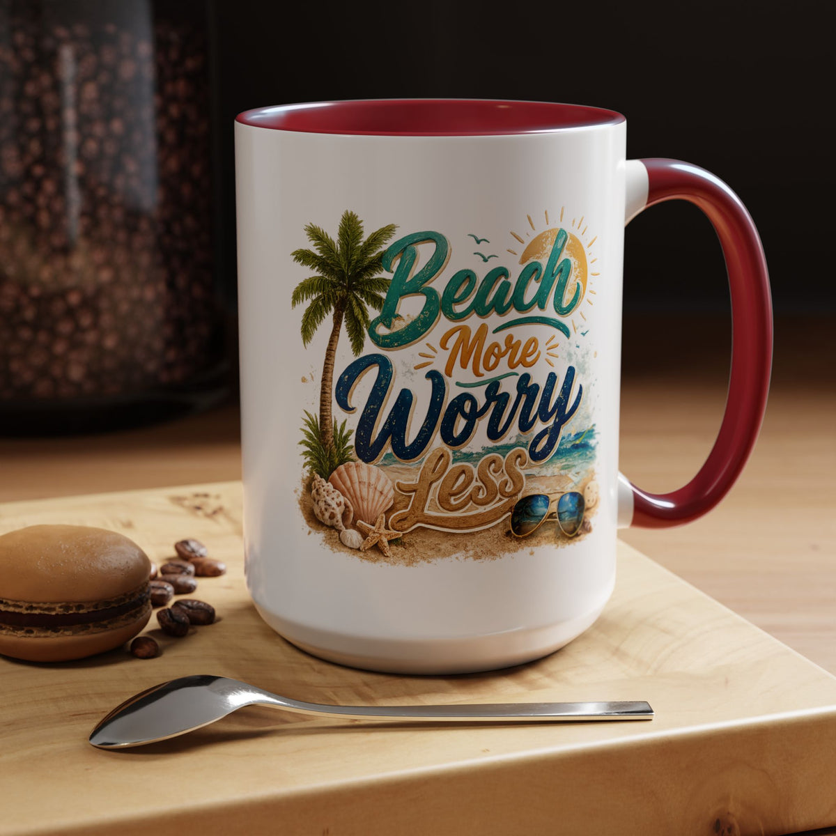 Beach More Worry Less Coffee Mug, Summer Vacation Gift for Ocean Lovers, Cute Tropical Palm Tree Ceramic Tea Cup with Dark Blue Handle