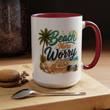 Beach More Worry Less Coffee Mug, Summer Vacation Gift for Ocean Lovers, Cute Tropical Palm Tree Ceramic Tea Cup with Dark Blue Handle