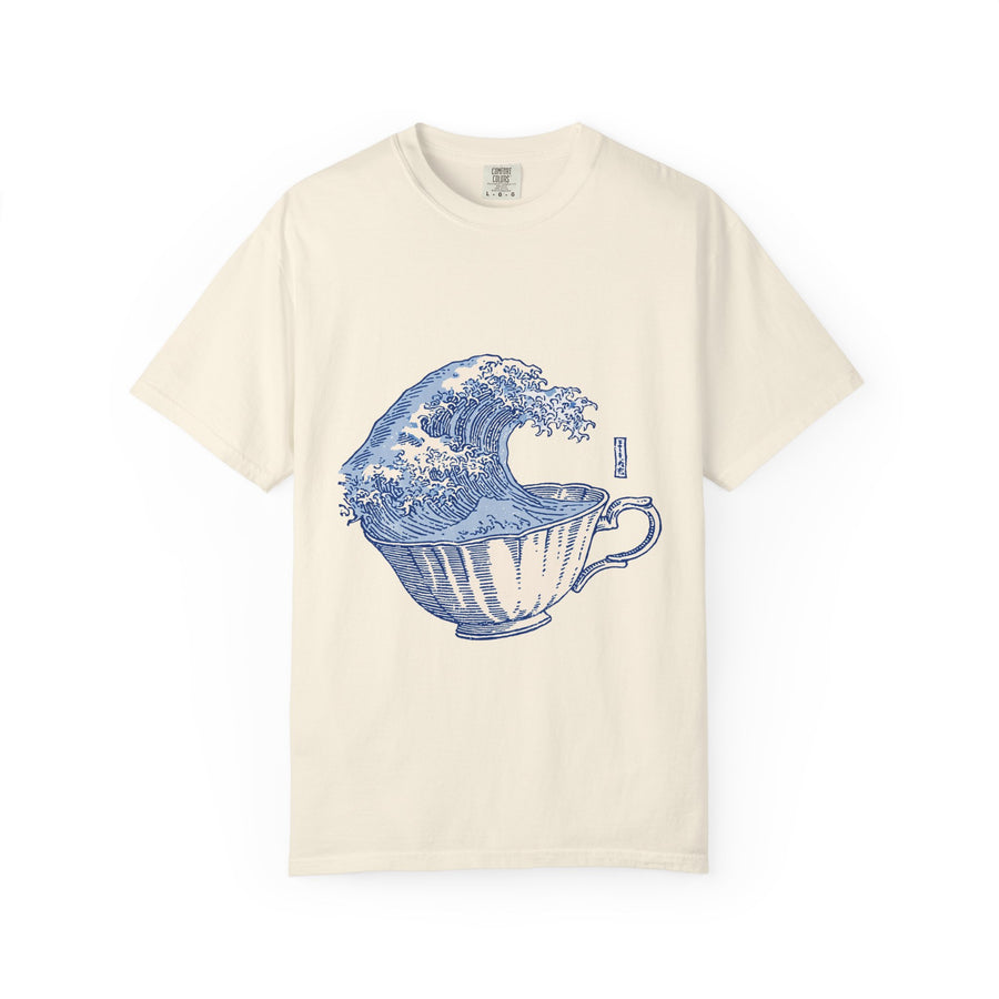 Great Wave Teacup Shirt, Japanese Art Inspired Ocean Graphic, Gift for Tea Lovers and Coastal Art Fans, Casual Cafe Weekend Outfit