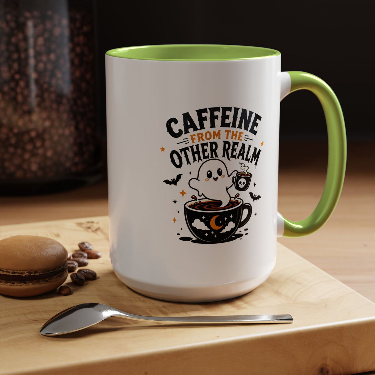Halloween Ghost Coffee Mug, Caffeine From the Other Realm Black Accent Cup, Funny Spooky Gift for Coffee Lover, Barista or Coworker