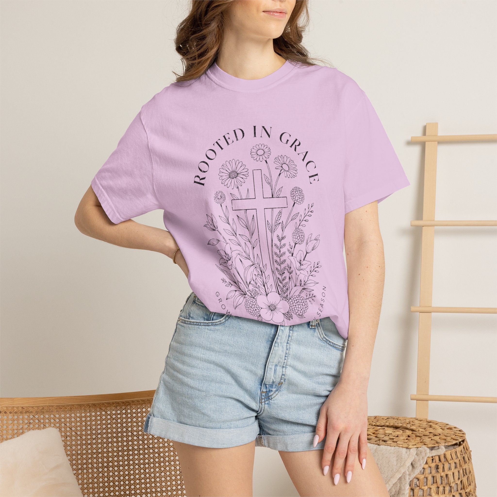 Comfort Colors Rooted in Grace Shirt, Christian Floral Cross Tee, Faith Based Graphic Shirt, Religious Gift for Women, Bible Verse Tee