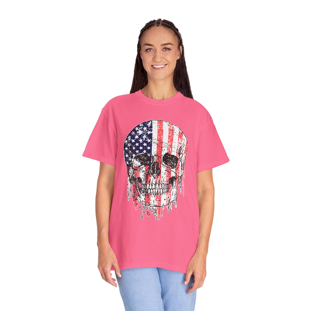American Flag Skull Shirt, Distressed Patriotic Graphic for Biker Outfits, Fourth of July Style, Birthday Gift for Skull Art Lovers