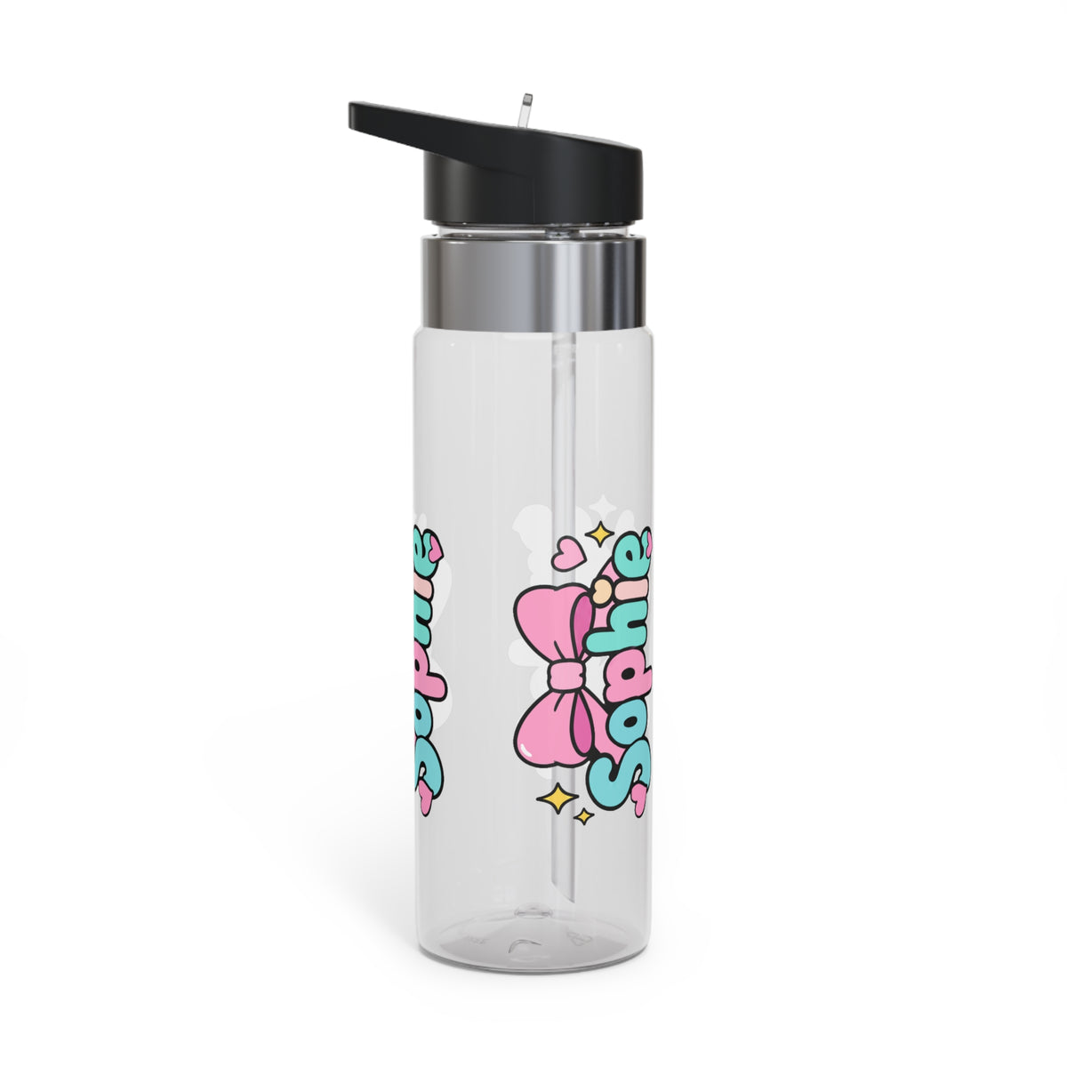 Personalized Pink Bow Water Bottle, Custom Name Drink Bottle for Girls, Cute Pastel School Bottle, Birthday Gift for Her