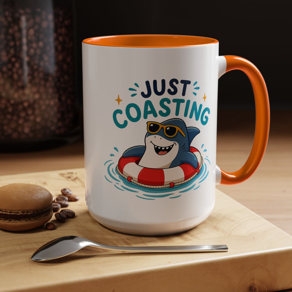 Funny Shark Coffee Mug, Just Coasting Shark Mug, Cute Beach Lover Coffee Cup, Relaxing Summer Vacation Gift for Shark Fans