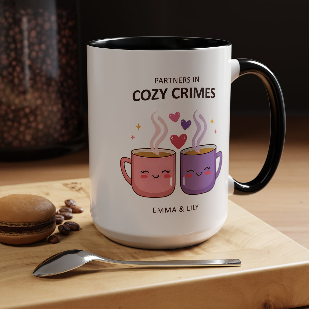Partners in Cozy Crimes Mug, Personalized Best Friend Coffee Mug, Custom Name Friendship Gift for Women