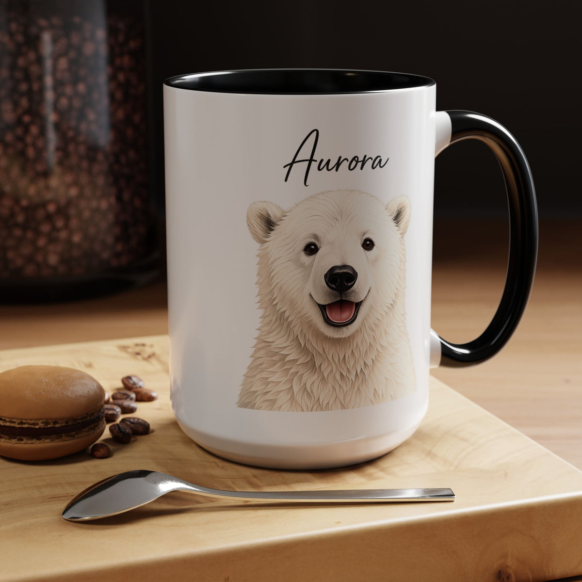 Custom Polar Bear Coffee Mug with Name, Personalized Arctic Animal Gift for Kids, Cute Winter Holiday Ceramic Tea Cup with Orange Handle