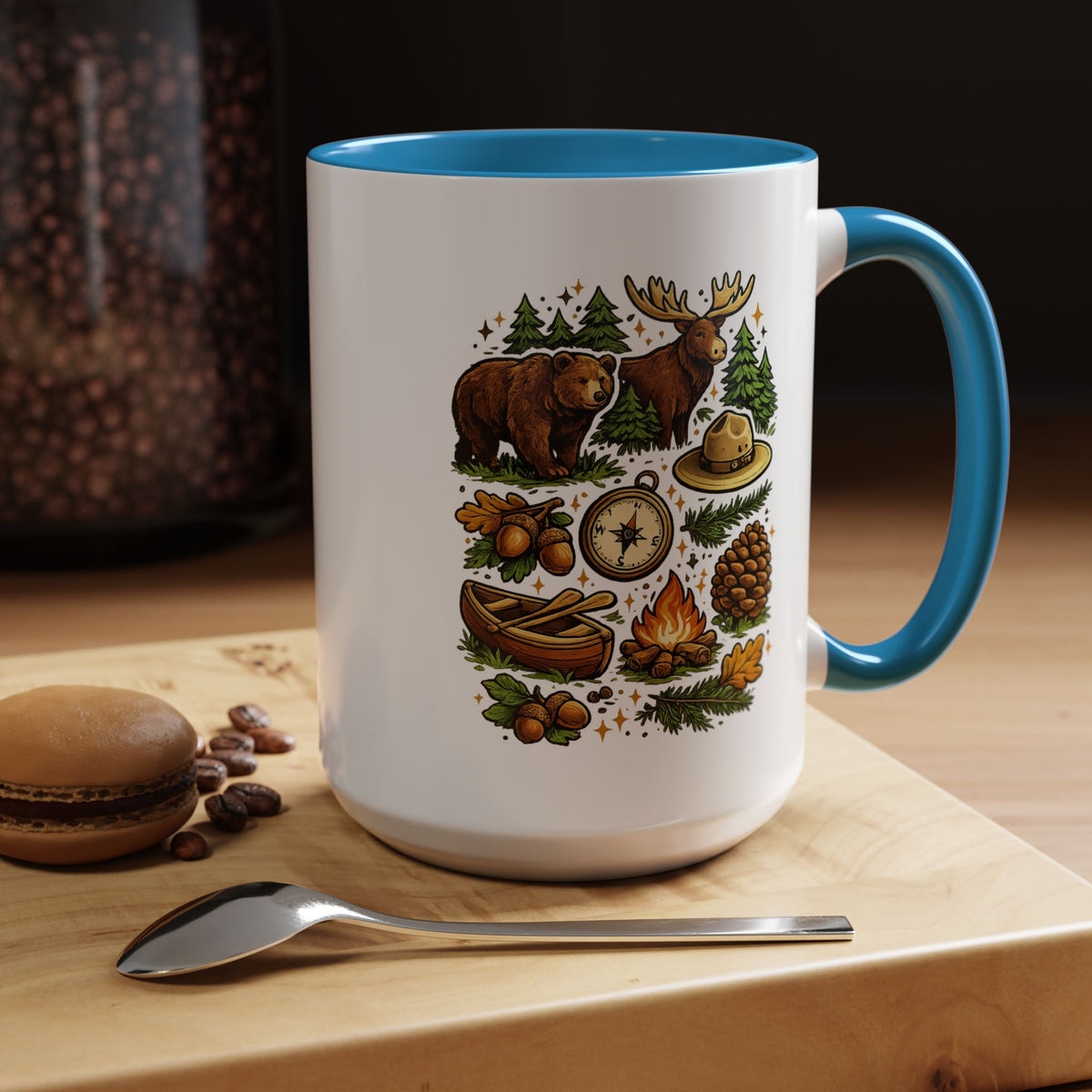 Camping Mug, Woodland Wildlife Coffee Cup, Bear and Moose Outdoor Gift, Rustic Cabin Kitchen Decor, Birthday Present for Camper or Hiker