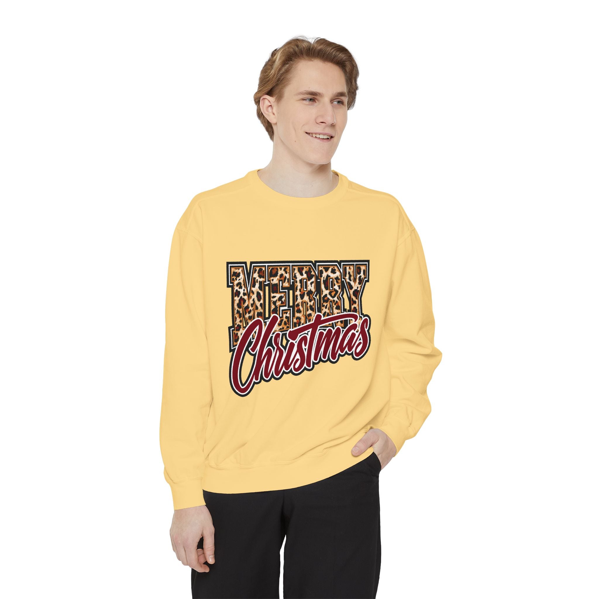 Merry Christmas Leopard Print Sweatshirt, Trendy Holiday Crewneck, Cheetah Lettering Pullover, Festive Gift for Women, Mom or Teacher