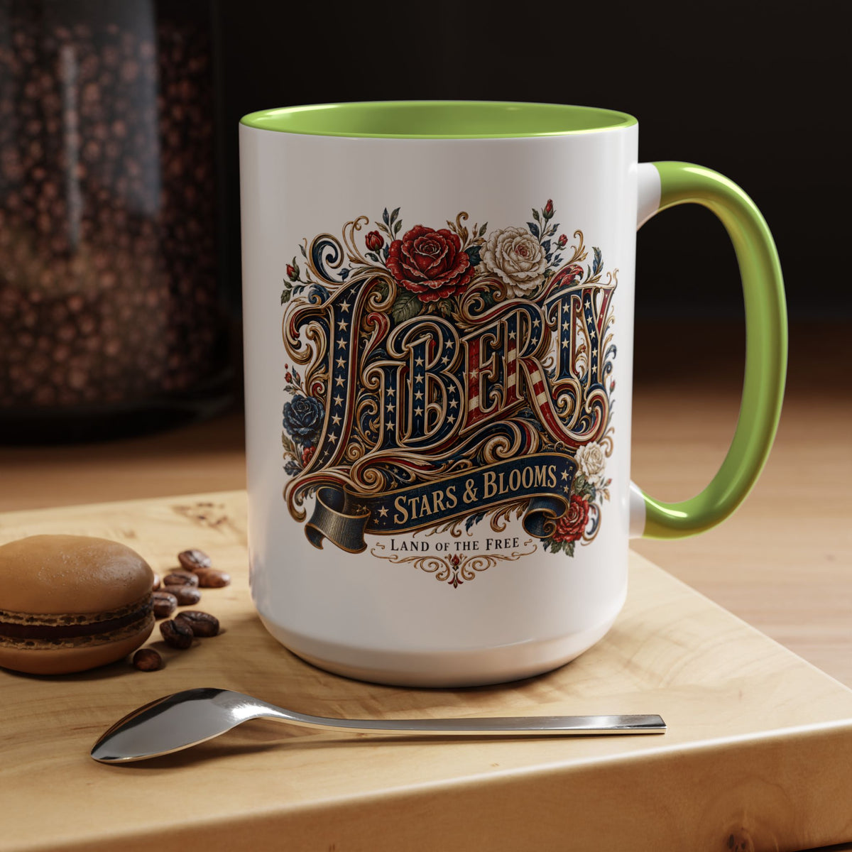 Vintage Patriotic Floral Coffee Mug, Liberty Stars and Blooms Mug, Americana Rose Art Cup, Fourth of July Gift, USA Lover Mug