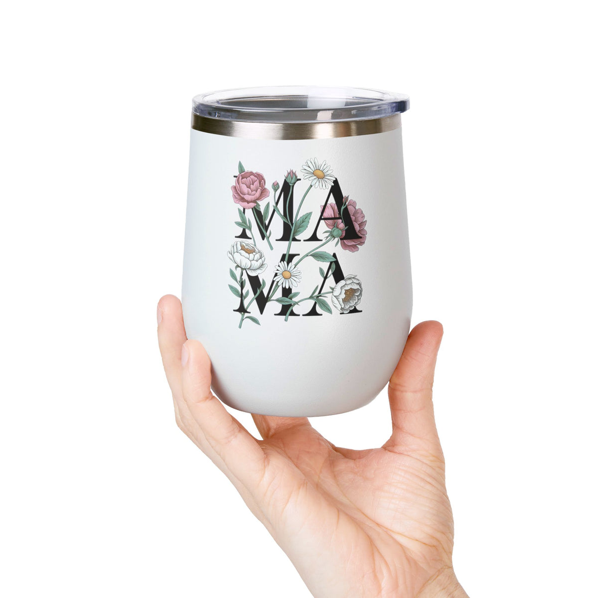 Floral Mama Wine Tumbler, Flower Wine Cup for Mom, Botanical Drinkware, Mothers Day Gift for Mom, Feminine Coffee and Wine Tumbler