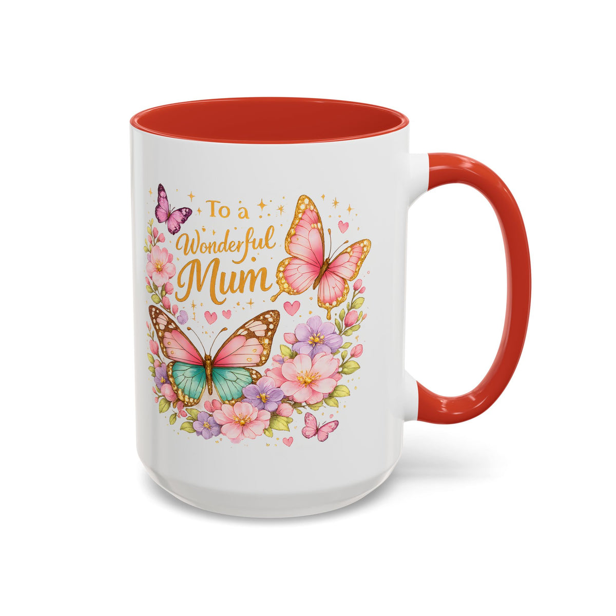 To a Wonderful Mum Coffee Mug, Cute Butterfly Birthday Gift for Mother, Floral Pastel Watercolor Ceramic Tea Cup with Pink Handle, Mum Gift