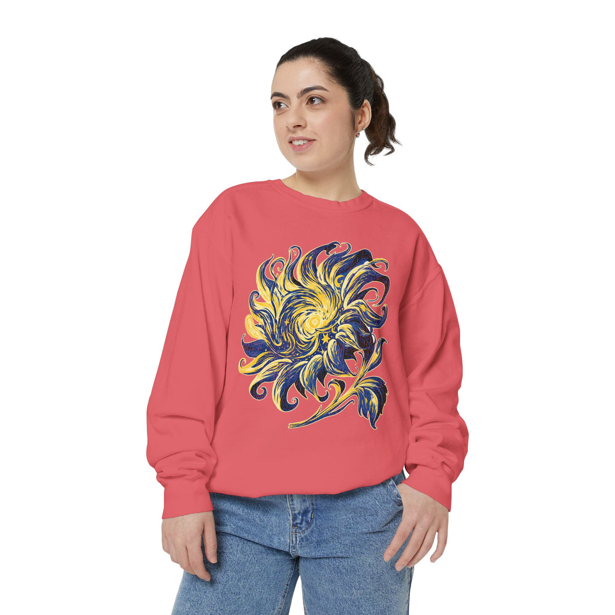 Celestial Sun Graphic Sweatshirt, Blue and Gold Cosmic Pullover, Mystical Night Sky Top, Astrology Gift for Stargazers and Dreamers