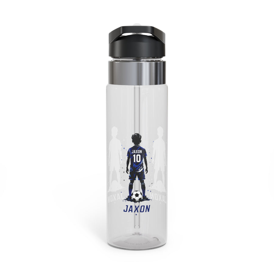 A clear water bottle with a black lid and straw, printed with a silhouette of a soccer player in a blue number 10 jersey and the name "Jaxon" in navy text.