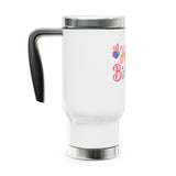 Happy Birthday Travel Mug with Handle, Pastel Balloons and Cupcake Design, Cheerful Coffee Lover Gift for a Friend or Coworker's Workday