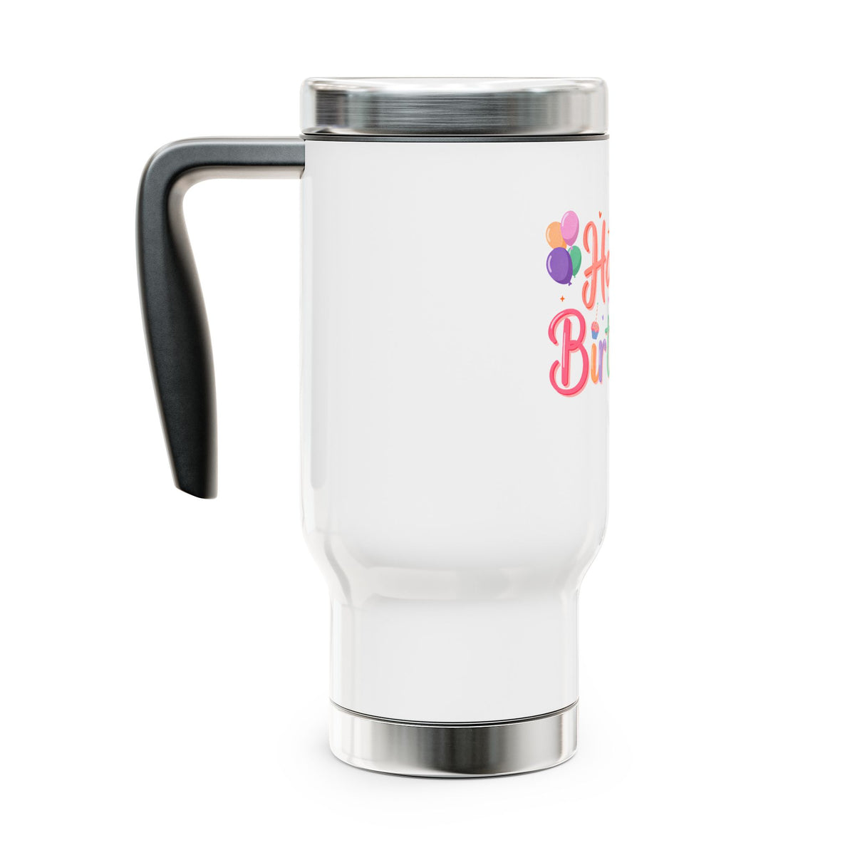 Happy Birthday Travel Mug with Handle, Pastel Balloons and Cupcake Design, Cheerful Coffee Lover Gift for a Friend or Coworker's Workday