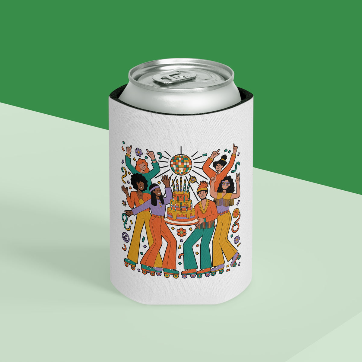 Retro Disco Birthday Can Cooler, 70s Roller Skating Party Design, Groovy Drink Holder, Gift for a Skater Friend Who Loves Vintage Aesthetics