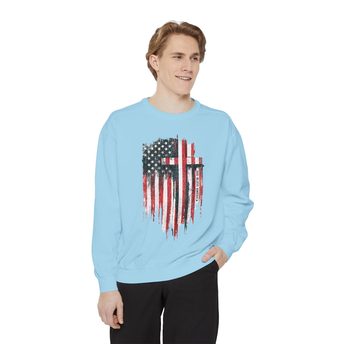 God Bless America Sweatshirt, Distressed American Flag and Cross Graphic, Patriotic Christian Gift for Church Events and Everyday Faith