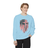God Bless America Sweatshirt, Distressed American Flag and Cross Graphic, Patriotic Christian Gift for Church Events and Everyday Faith