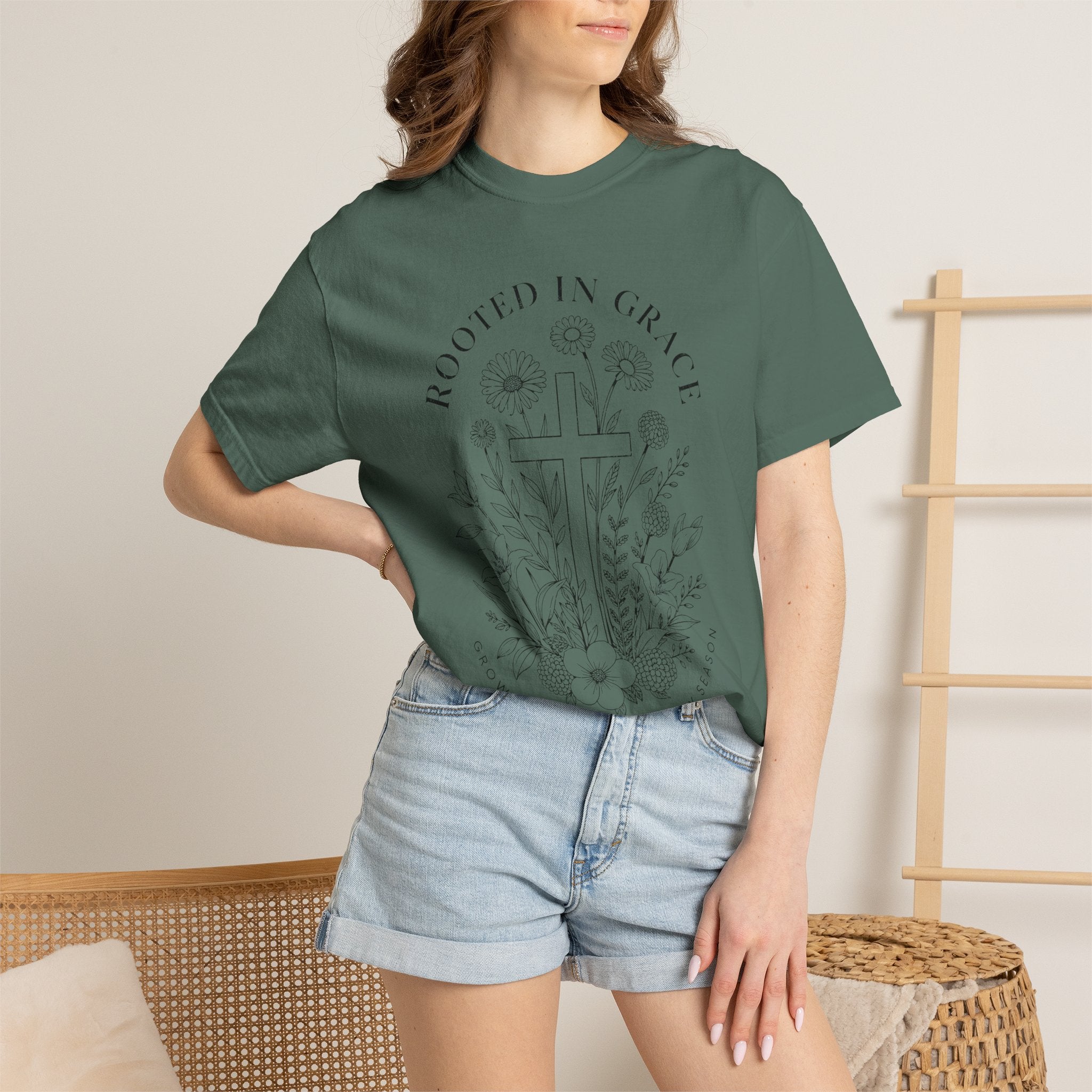 Comfort Colors Rooted in Grace Shirt, Christian Floral Cross Tee, Faith Based Graphic Shirt, Religious Gift for Women, Bible Verse Tee